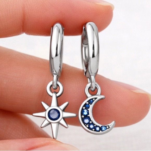 Sterling Silver Celestial Star & Moon Blue Gem Dangle Earrings Nib